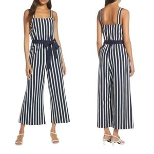 J.Crew Navy White Striped Cotton Knit Wide Leg Jumpsuit Size 2 Belted Culotte